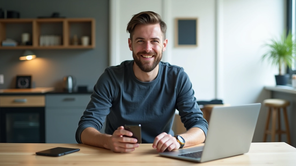 Un designer belge travaillant à son bureau avec plusieurs appareils - téléphone, tablette, laptop - pour tester la responsivité