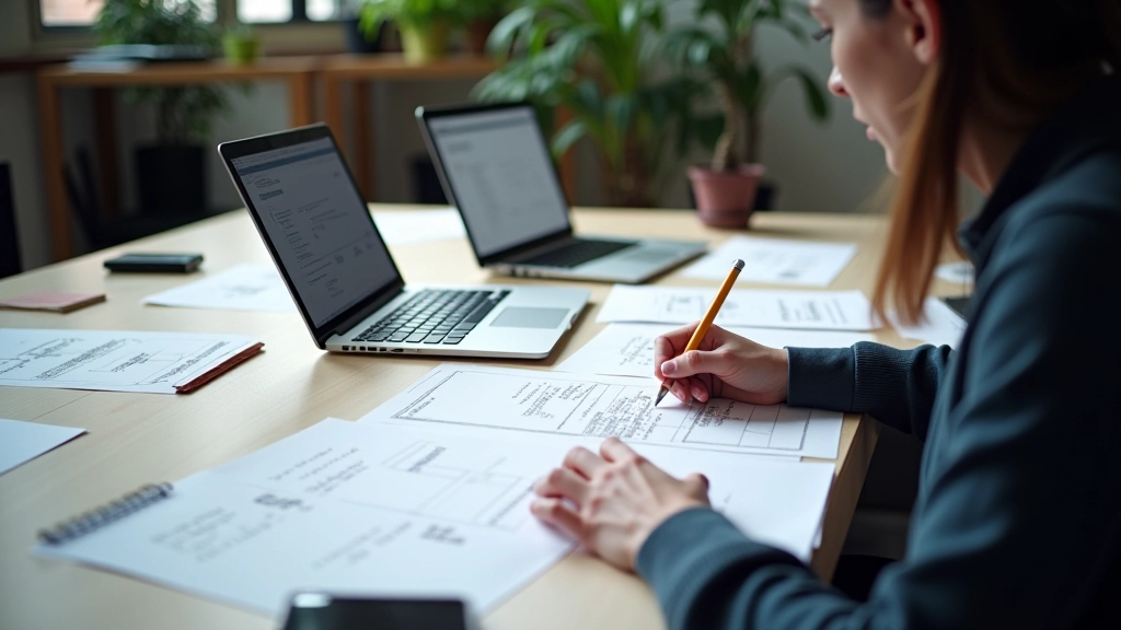 Designer travaillant sur plusieurs appareils à côté d'une tablette et un smartphone avec croquis de mise en page