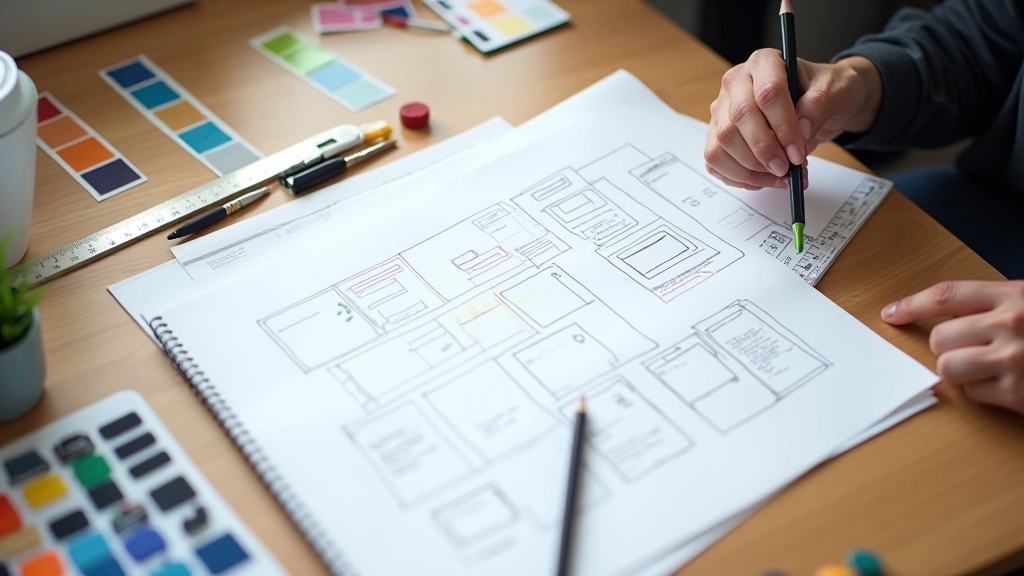 Croquis de wireframe montrant la structure d'une interface mobile-first sur papier avec annotations