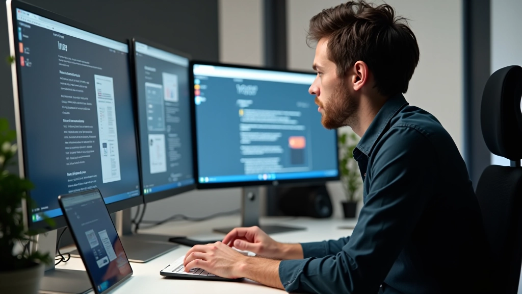 Designer travaillant sur un interface responsive avec plusieurs appareils affichés sur l'écran